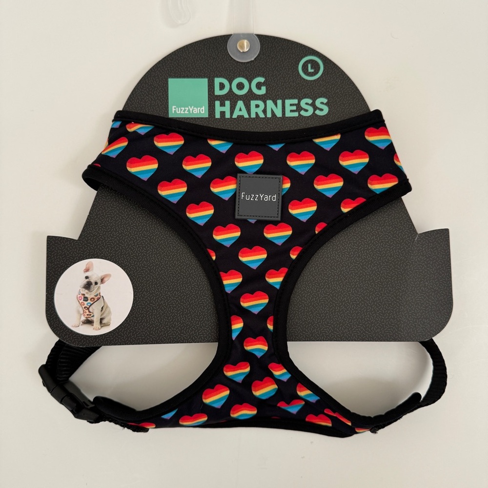 NEW (L) FuzzYard Pet Harness Rainbow Hearts pattern for Large Dogs